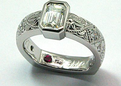 .70ct custom diamond engagement ring, hand engraved , bezel set, hand engraved, platinum