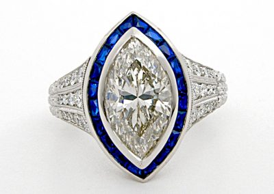 2ct marquise diamond, custom engagement ring, vintage syle, sapphire accents, filigree , hand engraved