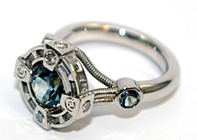 Custom engagement ring, Montana sapphire, sci-fi, futuristic, stargate, palladium