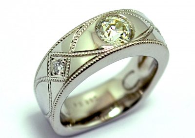 Flush set diamond engagement ring, miligrain, palladium