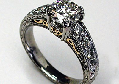 Classic diamond engagement ring, vintage style, filigree, hand engraved, palladium, 18k gold