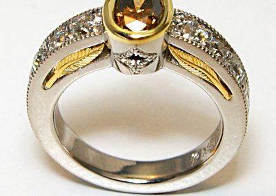 Brown diamond engagement ring, 18k golf feathers, palladium, vintage style