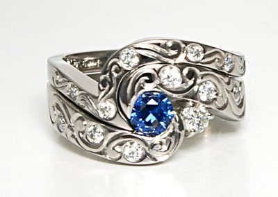 .35ct Yogo sapphire custom wedding set, bypass ring, hand engraved, palladium