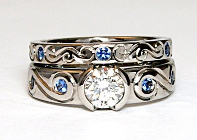 .75ct diamond wedding ring set, Yogo sapphire accents, palladium