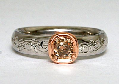 Natural champagne diamond ring, hand engraved, engagement ring, palladium, old-mine cut diamond , vintage diamond