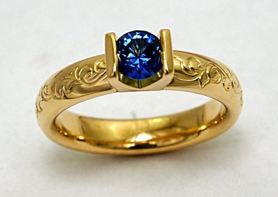 .50ct Montana Sapphire, yogo sapphire engagement ring, bar set, hand engraved, 18k gold